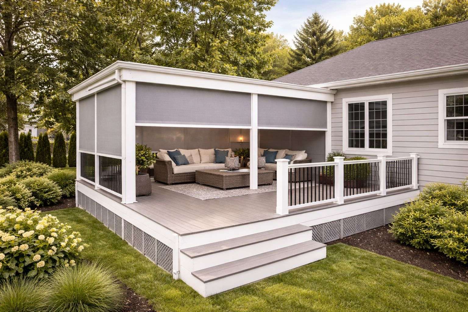 Elevated deck privacy screen layout showing a back plus one side configuration