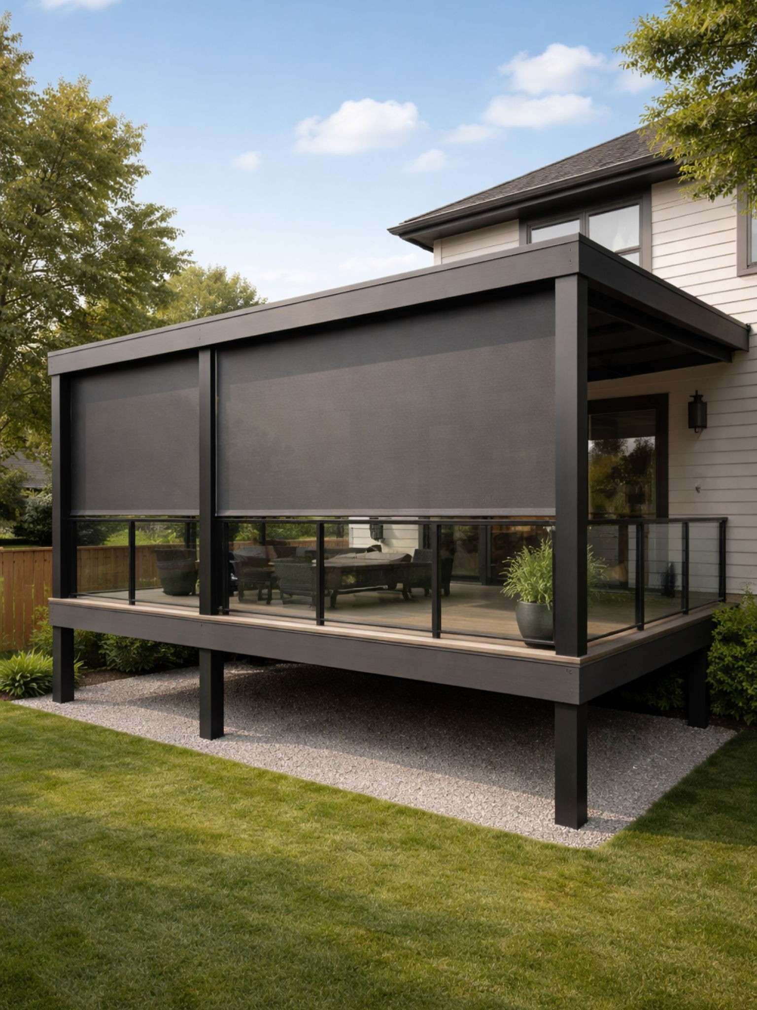 Deck privacy screen shown in solar mesh fabric that provides wind reduction while maintaining airflow