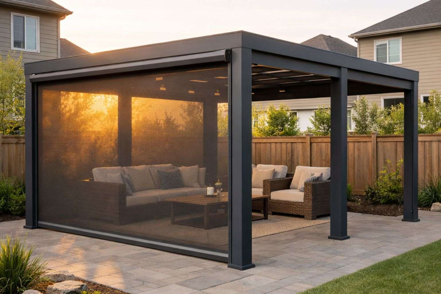 Pergola with a retractable solar screen lowered on the west-facing bay