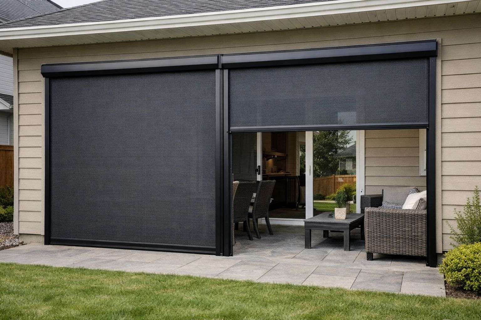 Townhouse patio with retractable privacy screen covering the exposed side near the shared fence line