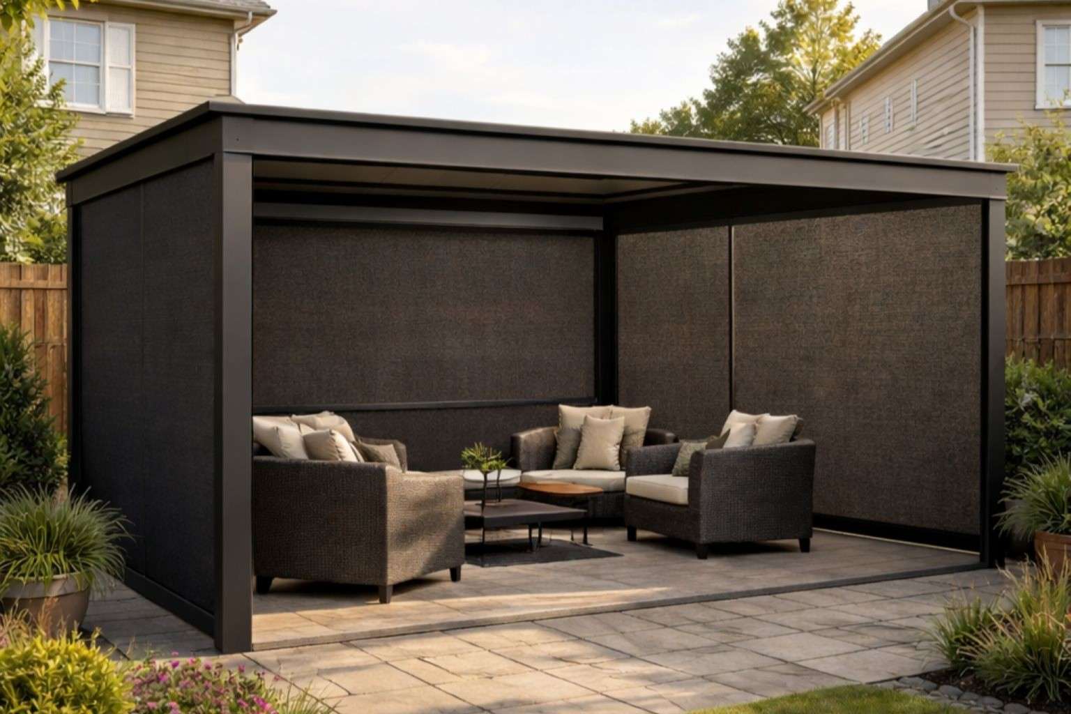 Retractable privacy screen on a Thornhill patio or pergola in a mature mid-density residential neighbourhood