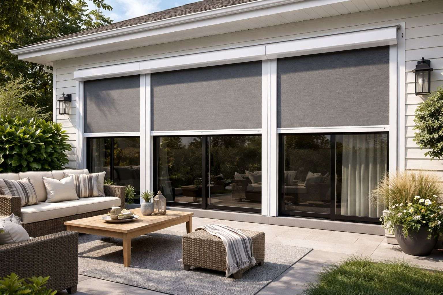 Retractable exterior privacy screen installed over a sliding patio door