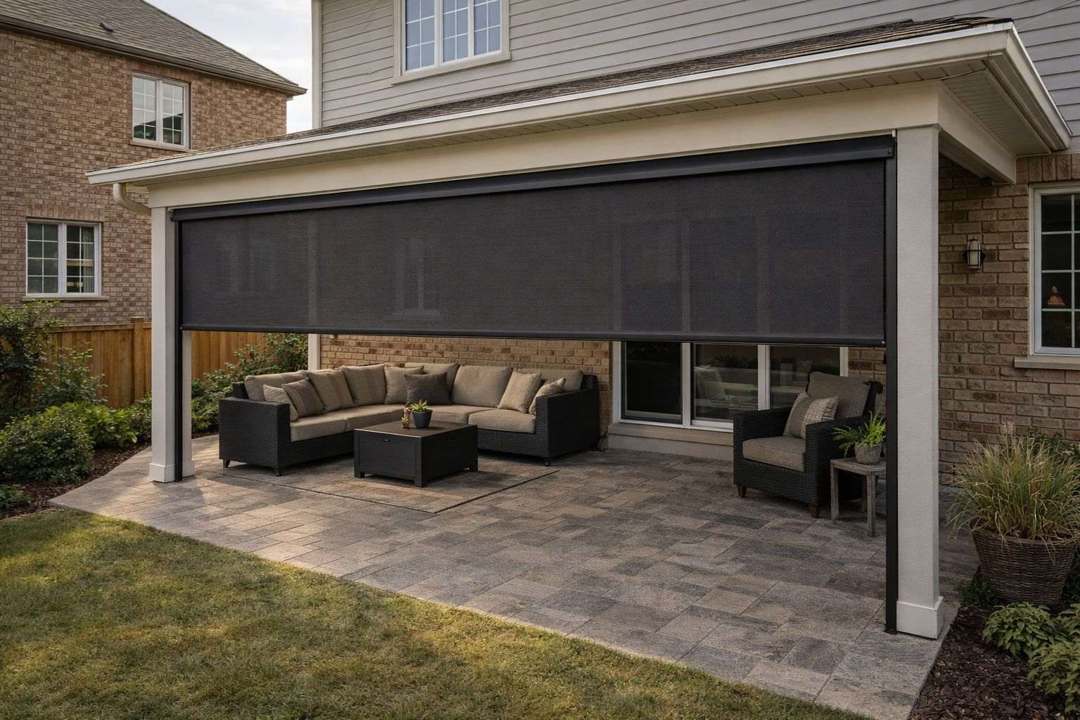 Retractable privacy screen installed on a residential patio or pergola
